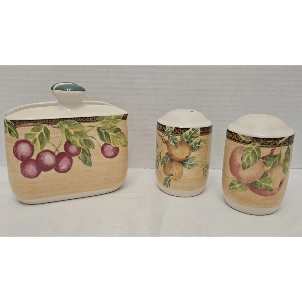 Vtg Jay Imports Ceramic Napkin Holder Salt Pepper Shaker Fruit‎ Pattern Set of 3